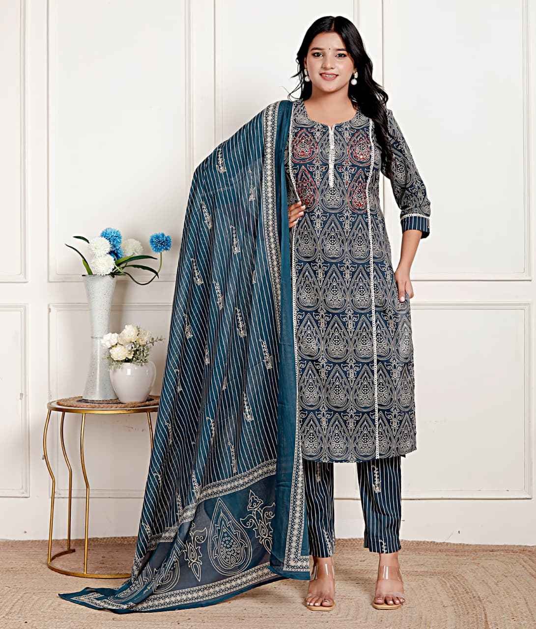 Classic Nevy Blue Cotton Kurta Pant with Printed Dupatta